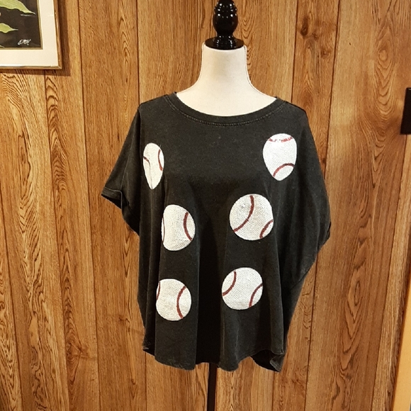 BiBi Tops - 🥀NWT BiBi Black Acid-Washed Sequined Baseball Short-Sleeve Top/Tee (XL)🥀
